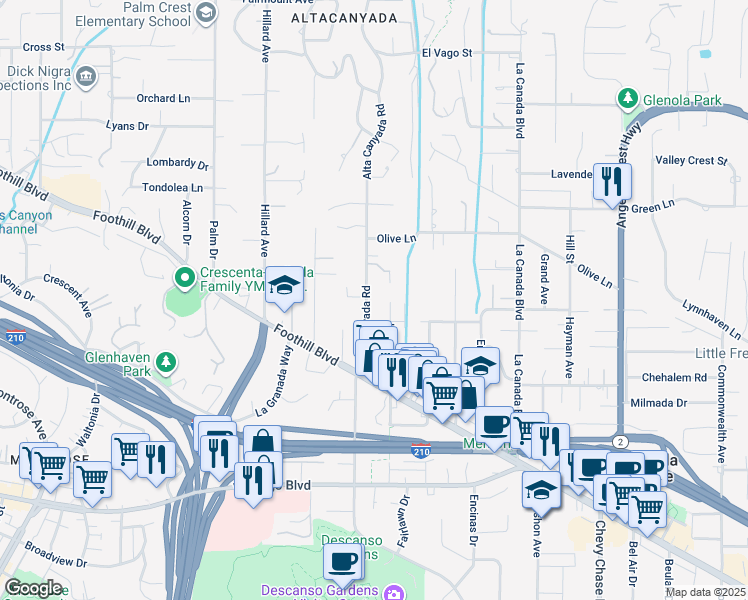 map of restaurants, bars, coffee shops, grocery stores, and more near 4620 Alta Canyada Road in La Cañada Flintridge