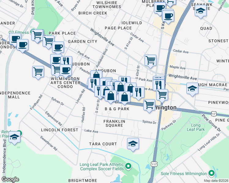 map of restaurants, bars, coffee shops, grocery stores, and more near 1408 Tanager Court in Wilmington