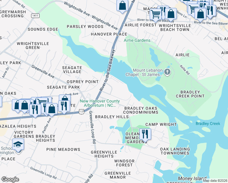 map of restaurants, bars, coffee shops, grocery stores, and more near 6315 Boathouse Road in Wilmington