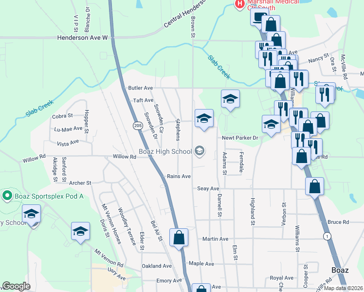 map of restaurants, bars, coffee shops, grocery stores, and more near 815 Stephens in Boaz