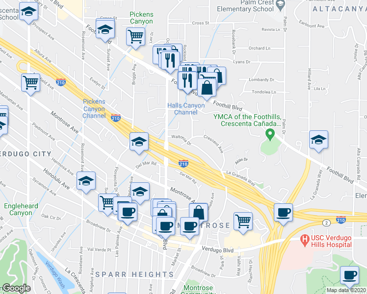 map of restaurants, bars, coffee shops, grocery stores, and more near 2250 Waltonia Drive in La Crescenta-Montrose