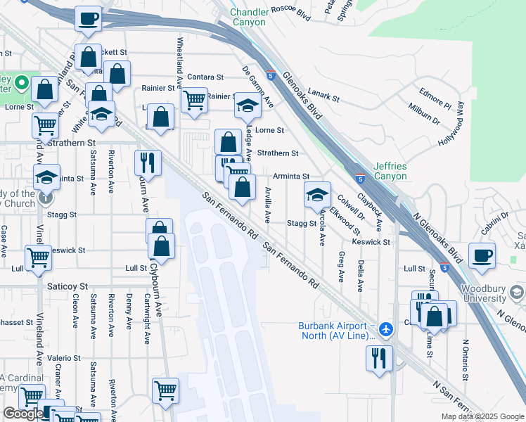 map of restaurants, bars, coffee shops, grocery stores, and more near 7807 Arvilla Avenue in Los Angeles