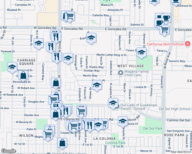 map of restaurants, bars, coffee shops, grocery stores, and more near 728 Navito Way in Oxnard