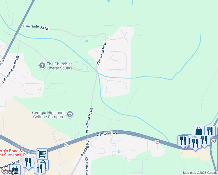 map of restaurants, bars, coffee shops, grocery stores, and more near 17 Equestrian Way Northeast in Cartersville