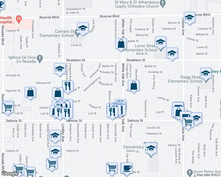 map of restaurants, bars, coffee shops, grocery stores, and more near 17751 Stagg Street in Los Angeles