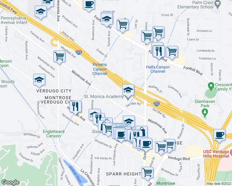 map of restaurants, bars, coffee shops, grocery stores, and more near 2394 Mayfield Avenue in La Crescenta-Montrose