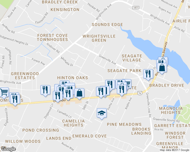 map of restaurants, bars, coffee shops, grocery stores, and more near 2308 Boardwalk Avenue in Wilmington
