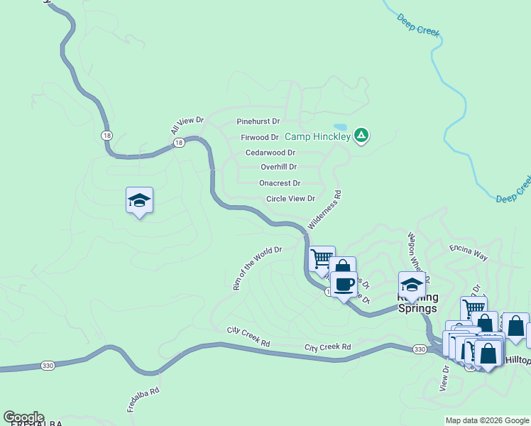 map of restaurants, bars, coffee shops, grocery stores, and more near 31407 Valley Ridge Drive in Running Springs