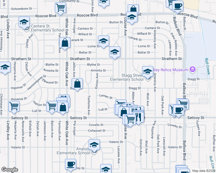 map of restaurants, bars, coffee shops, grocery stores, and more near 17415 Stagg Street in Los Angeles