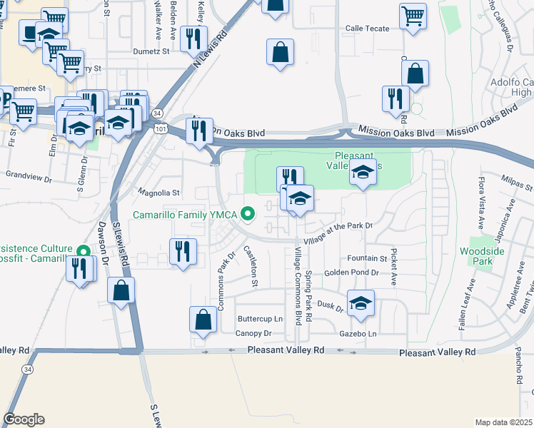 map of restaurants, bars, coffee shops, grocery stores, and more near 243 Riverdale Court in Camarillo