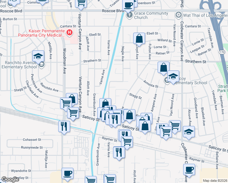 map of restaurants, bars, coffee shops, grocery stores, and more near 13325 Wixom Street in Los Angeles