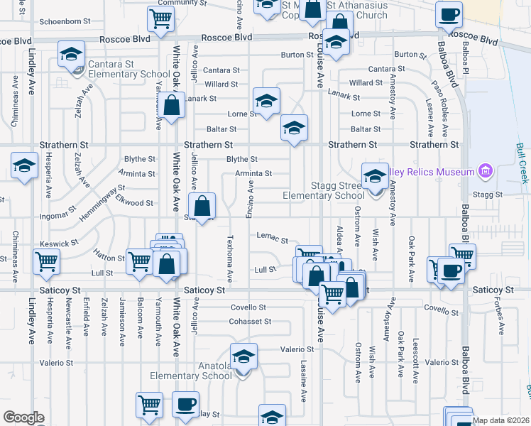 map of restaurants, bars, coffee shops, grocery stores, and more near 17437 Stagg Street in Los Angeles