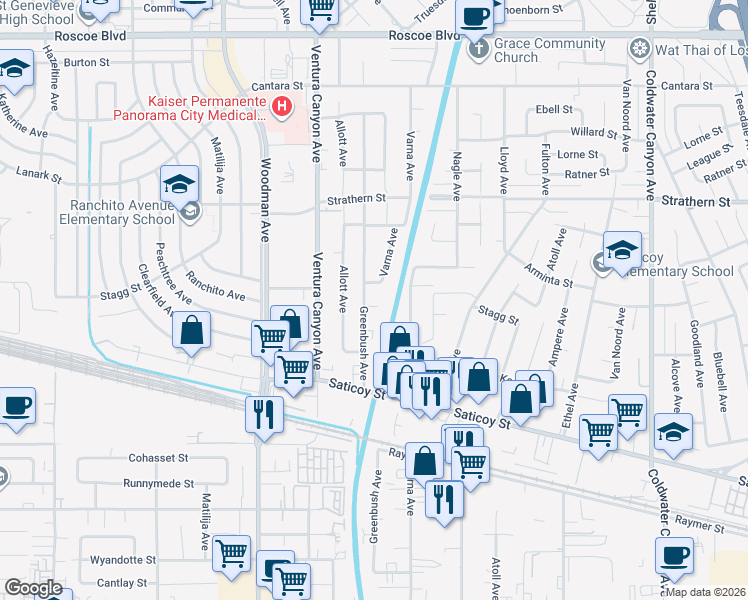 map of restaurants, bars, coffee shops, grocery stores, and more near 13449 Stagg Street in Los Angeles