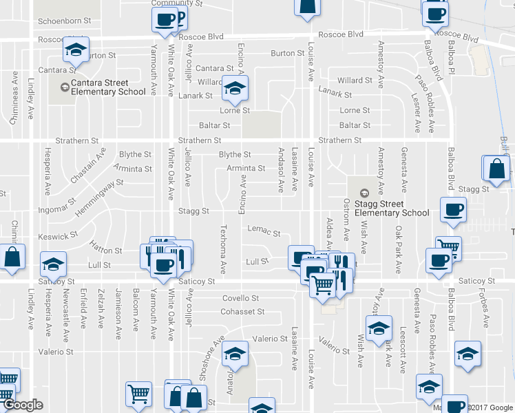 map of restaurants, bars, coffee shops, grocery stores, and more near 17437 Stagg Street in Los Angeles