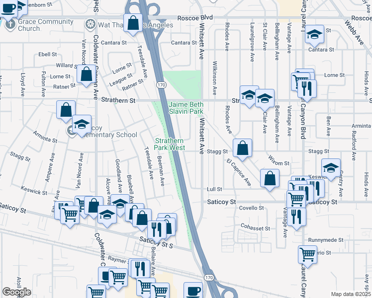 map of restaurants, bars, coffee shops, grocery stores, and more near 7800 Babcock Avenue in Los Angeles