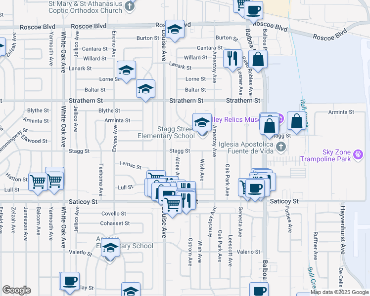 map of restaurants, bars, coffee shops, grocery stores, and more near 17209 Stagg Street in Los Angeles