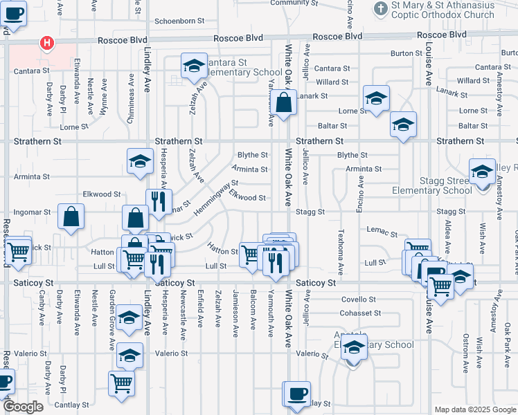 map of restaurants, bars, coffee shops, grocery stores, and more near 17751 Stagg Street in Los Angeles