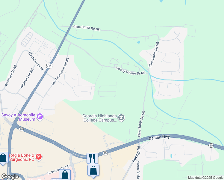 map of restaurants, bars, coffee shops, grocery stores, and more near 11 Allegiance Court Northeast in Cartersville