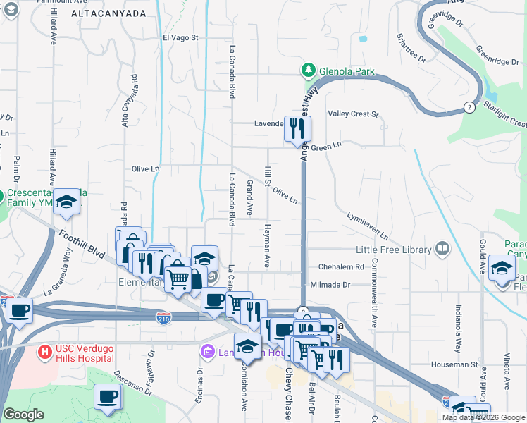 map of restaurants, bars, coffee shops, grocery stores, and more near 4811 Hill Street in La Cañada Flintridge