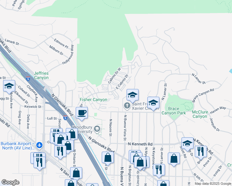 map of restaurants, bars, coffee shops, grocery stores, and more near 7773 Vía Ronaldo in Burbank