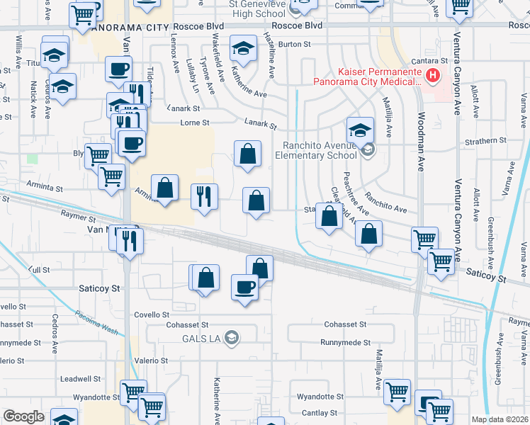 map of restaurants, bars, coffee shops, grocery stores, and more near 7807 Stansbury Avenue in Los Angeles