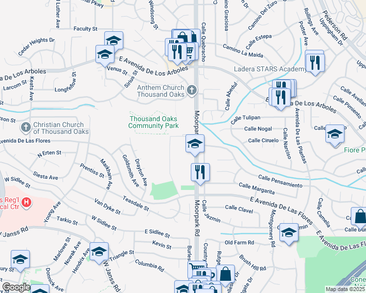 map of restaurants, bars, coffee shops, grocery stores, and more near 2339-2389 North Moorpark Road in Thousand Oaks