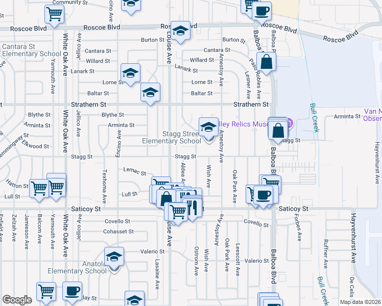 map of restaurants, bars, coffee shops, grocery stores, and more near 17209 Stagg Street in Los Angeles