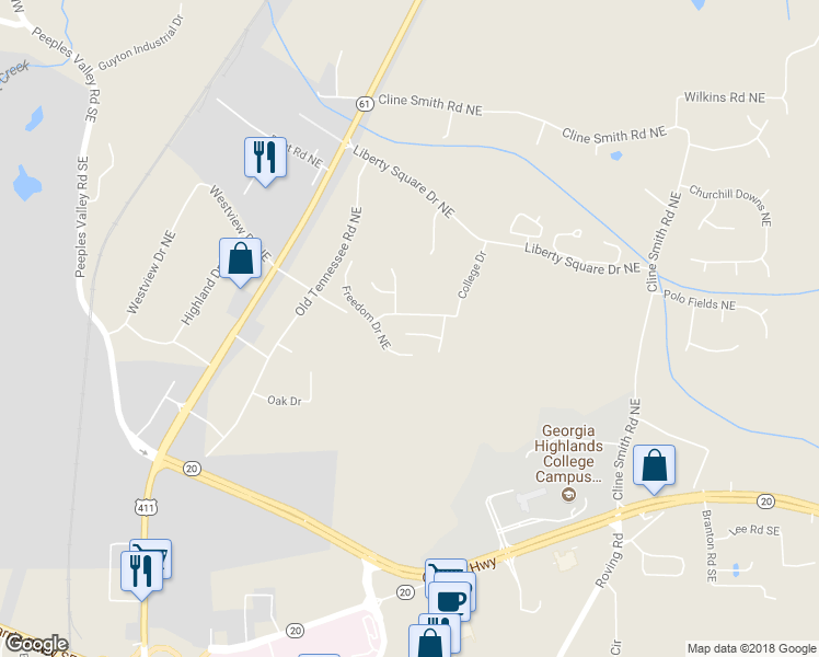 map of restaurants, bars, coffee shops, grocery stores, and more near 18 Independence Way Northeast in Cartersville