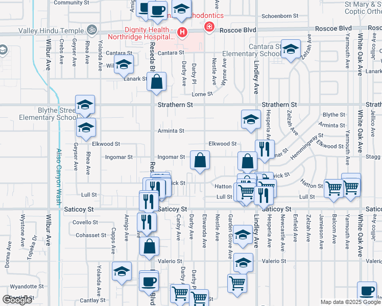 map of restaurants, bars, coffee shops, grocery stores, and more near 18331 Ingomar Street in Los Angeles