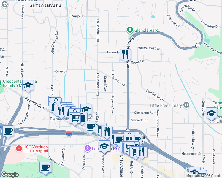 map of restaurants, bars, coffee shops, grocery stores, and more near 4811 Hill Street in La Cañada Flintridge