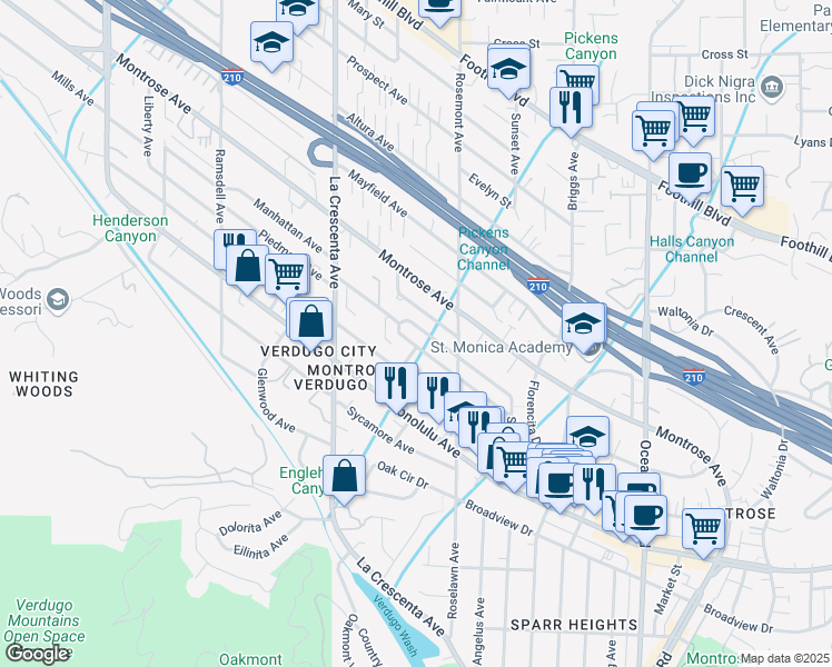 map of restaurants, bars, coffee shops, grocery stores, and more near 2642 Manhattan Avenue in Glendale