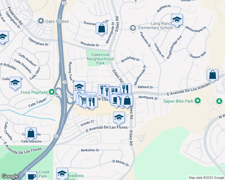 map of restaurants, bars, coffee shops, grocery stores, and more near 1997 Shady Brook Drive in Thousand Oaks