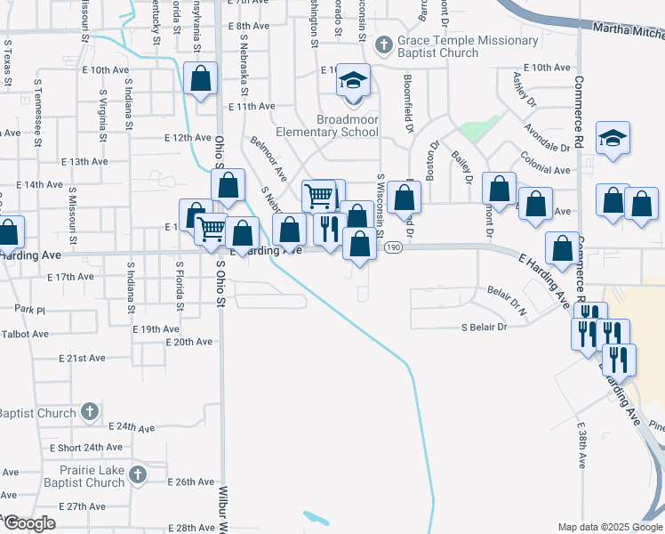 map of restaurants, bars, coffee shops, grocery stores, and more near 1600 East Harding Avenue in Pine Bluff