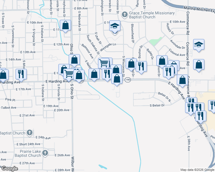 map of restaurants, bars, coffee shops, grocery stores, and more near 1600 East Harding Avenue in Pine Bluff