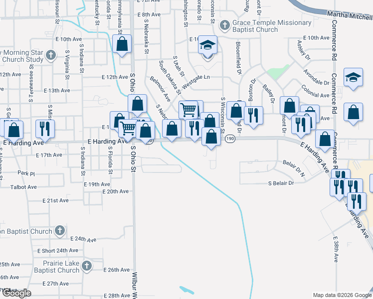 map of restaurants, bars, coffee shops, grocery stores, and more near 1600 East Harding Avenue in Pine Bluff
