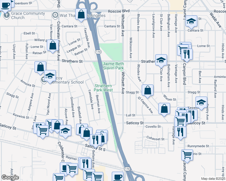 map of restaurants, bars, coffee shops, grocery stores, and more near 7800 Babcock Avenue in Los Angeles