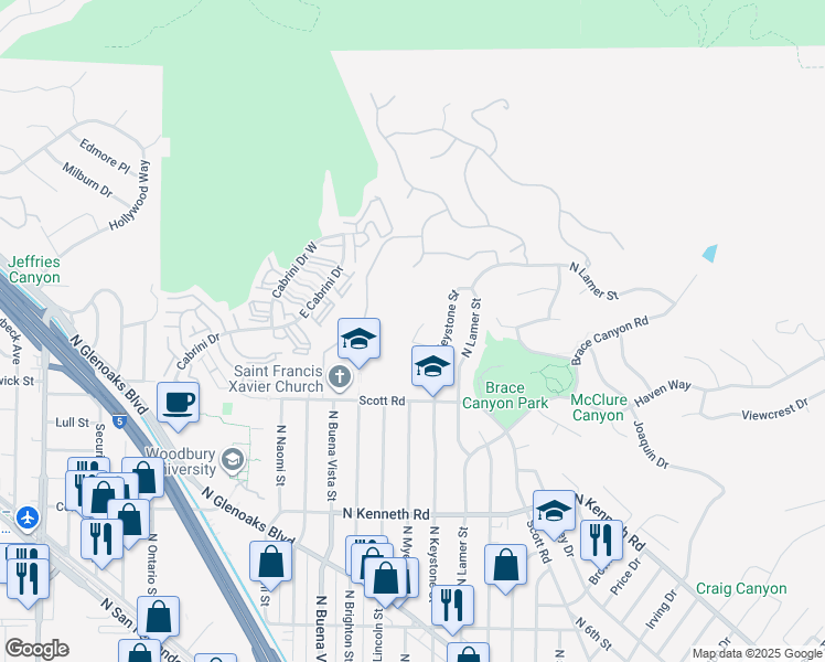 map of restaurants, bars, coffee shops, grocery stores, and more near 3029 Trudi Lane in Burbank