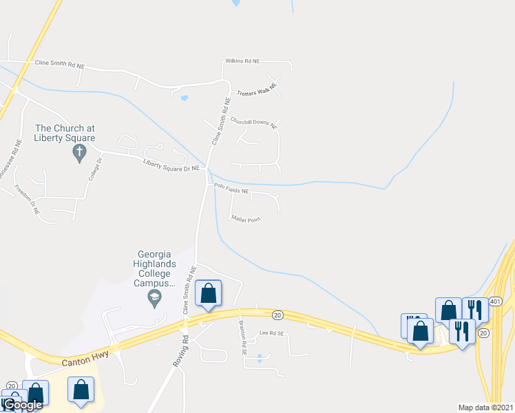 map of restaurants, bars, coffee shops, grocery stores, and more near 15 Hitchcock Station Northeast in Cartersville