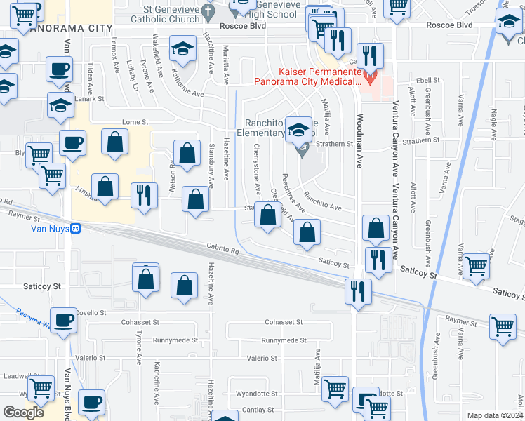 map of restaurants, bars, coffee shops, grocery stores, and more near 13950 Stagg Street in Los Angeles