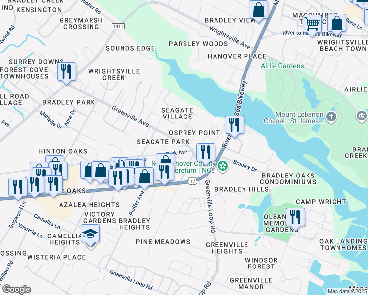 map of restaurants, bars, coffee shops, grocery stores, and more near 6031 Park Avenue in Wilmington