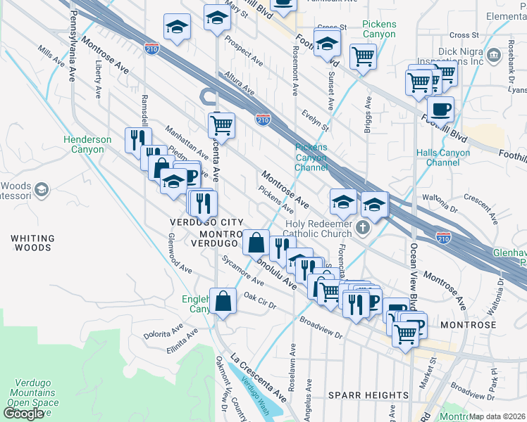 map of restaurants, bars, coffee shops, grocery stores, and more near 2657 Piedmont Avenue in Glendale