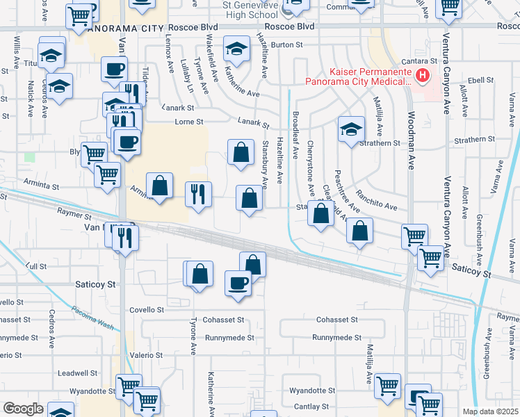 map of restaurants, bars, coffee shops, grocery stores, and more near 7807 Stansbury Avenue in Los Angeles