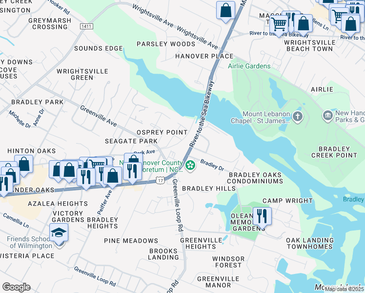 map of restaurants, bars, coffee shops, grocery stores, and more near 6317 Oleander Drive in Wilmington
