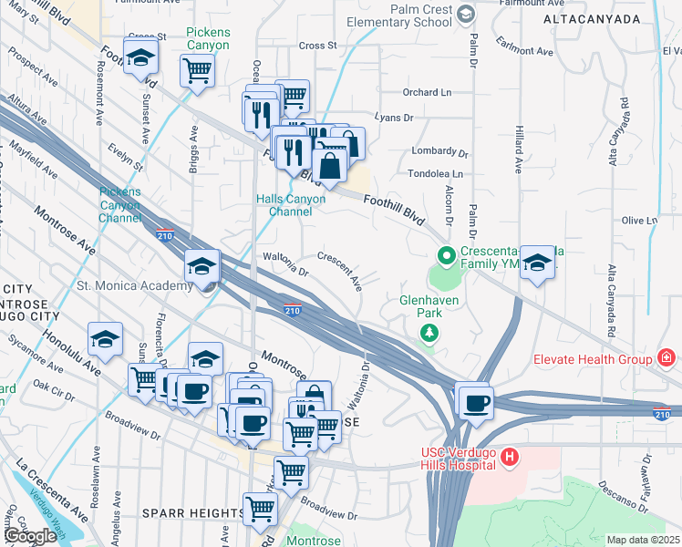 map of restaurants, bars, coffee shops, grocery stores, and more near 2156 Crescent Avenue in La Crescenta-Montrose