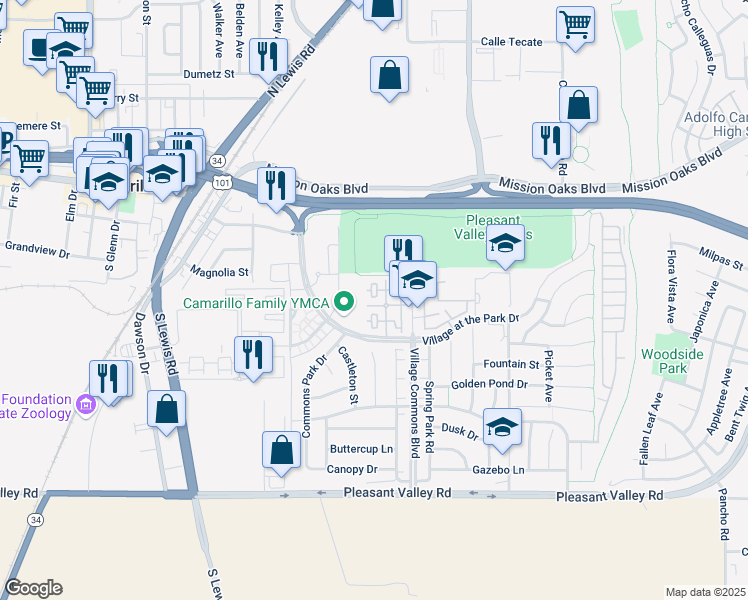 map of restaurants, bars, coffee shops, grocery stores, and more near 243 Riverdale Court in Camarillo