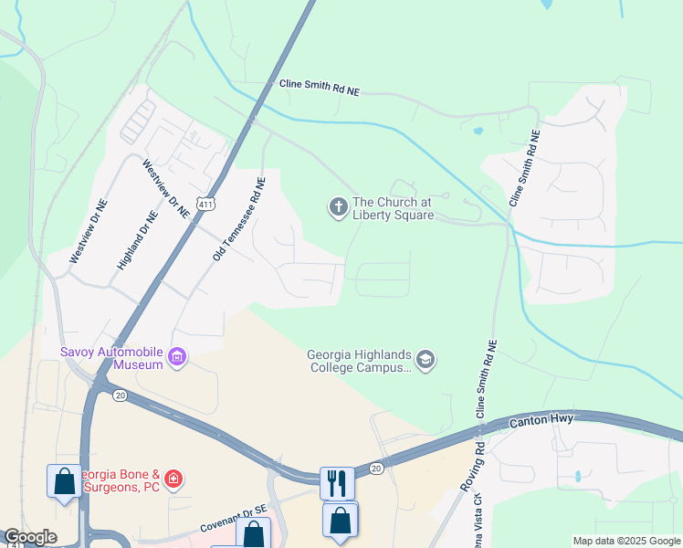 map of restaurants, bars, coffee shops, grocery stores, and more near 11 Allegiance Court Northeast in Cartersville