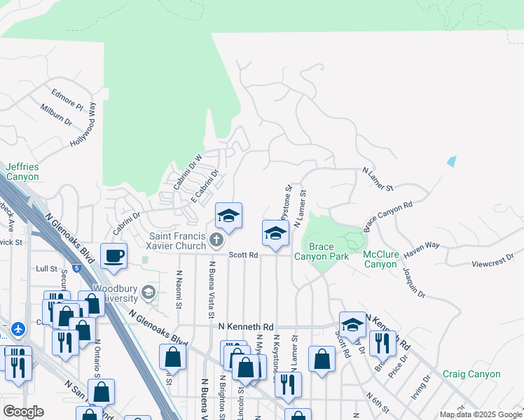 map of restaurants, bars, coffee shops, grocery stores, and more near 3029 Trudi Lane in Burbank