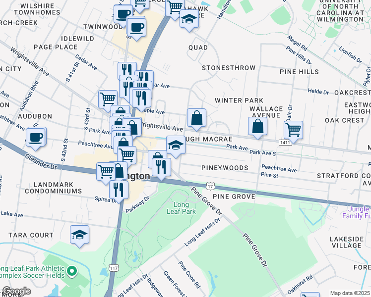 map of restaurants, bars, coffee shops, grocery stores, and more near 4902 Park Avenue in Wilmington