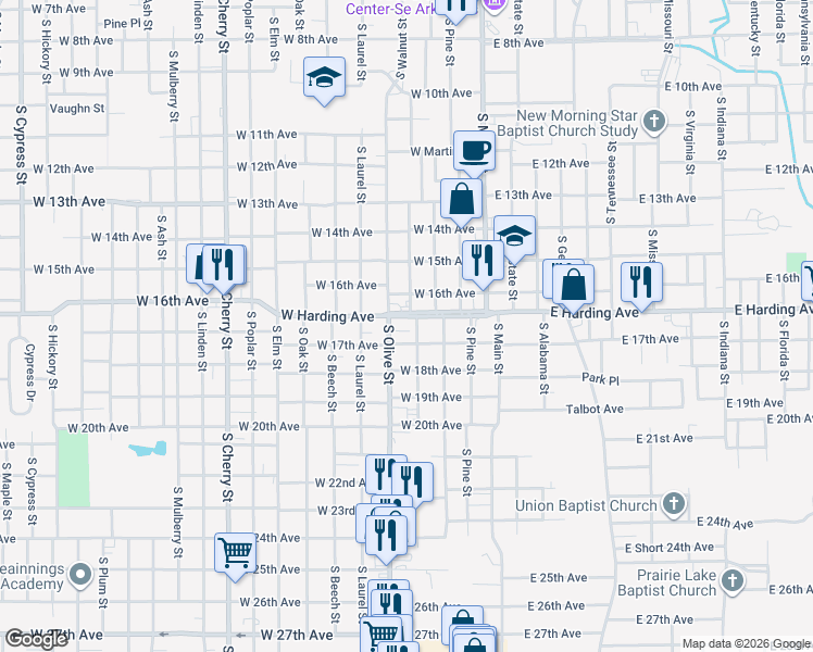 map of restaurants, bars, coffee shops, grocery stores, and more near 1717 South Olive Street in Pine Bluff