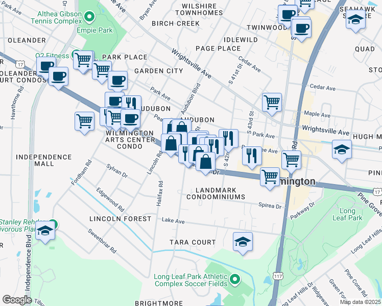 map of restaurants, bars, coffee shops, grocery stores, and more near 4101 Oleander Drive in Wilmington